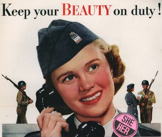 A lipstick advertisement featuring a smiling woman wearing a military hat and red lipstick, holding a phone as soldiers with guns hang out behind her. The phrase Keep Your Beauty On Duty appears at the top. There is a button that says she/her edited onto her lapel.